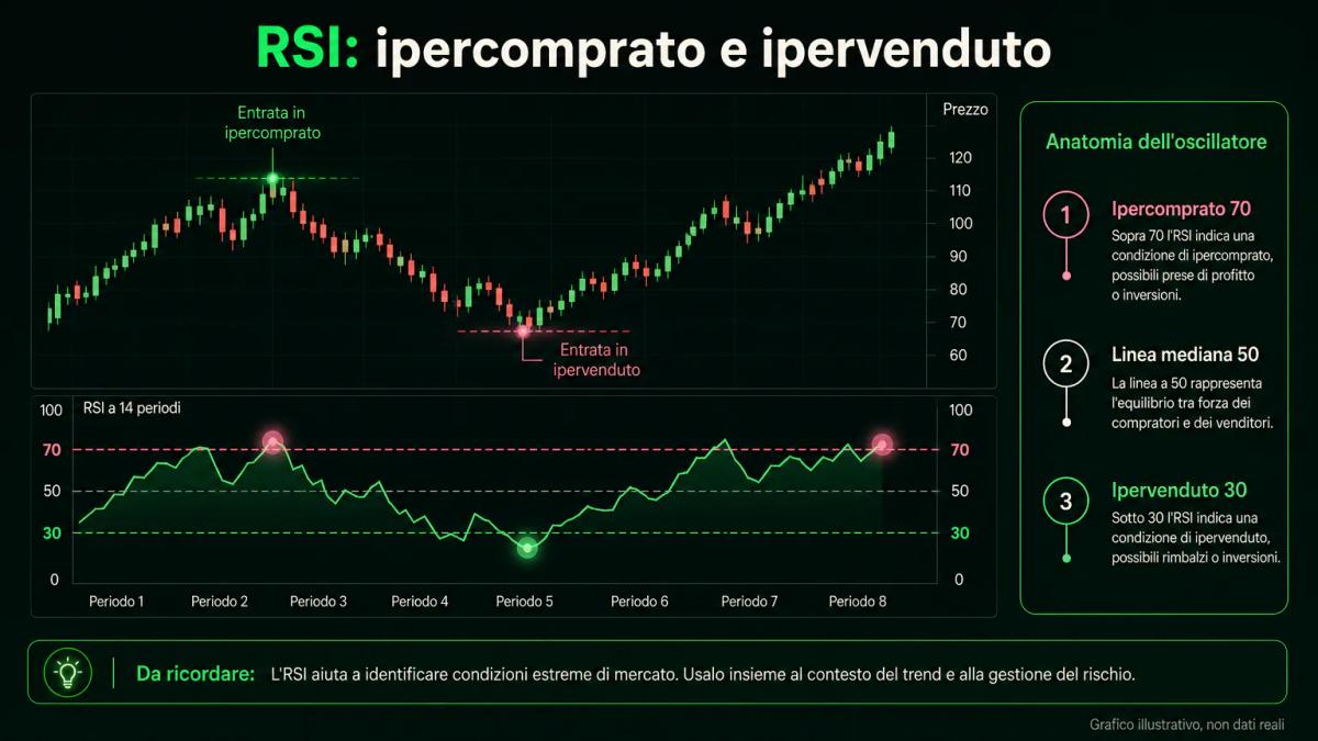 Grafico illustrativo dell'RSI a 14 periodi con le zone di ipercomprato a 70 e ipervenduto a 30 e un pannello che ne nomina le parti