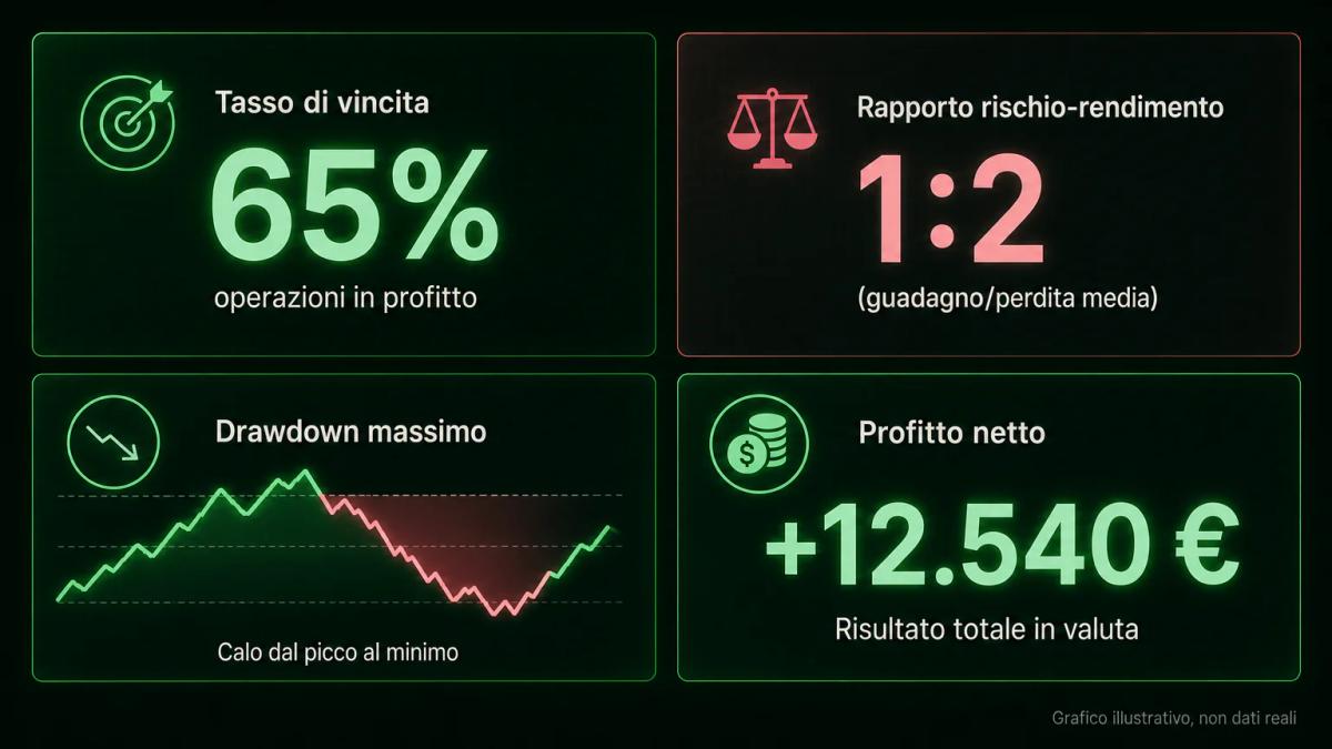 Quattro metriche di performance del trading disposte in pannelli: tasso di vincita, rapporto rischio-rendimento, drawdown mas