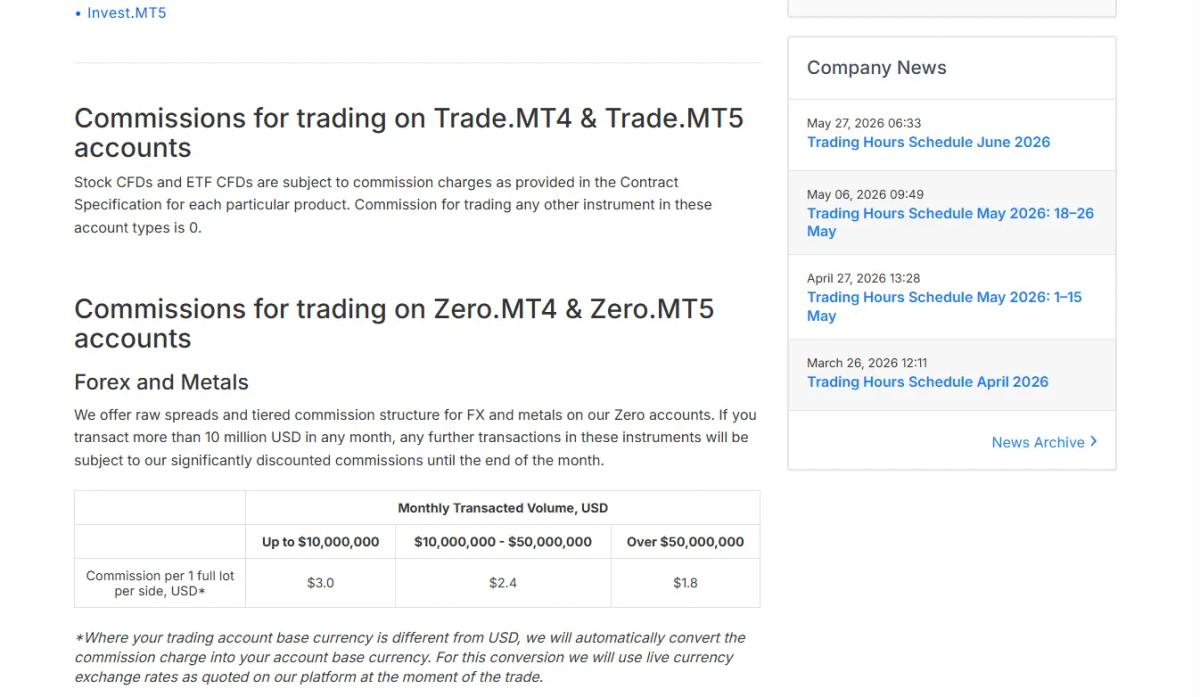 Admirals account types comparison showing Trade and Zero accounts with spreads and minimum deposits