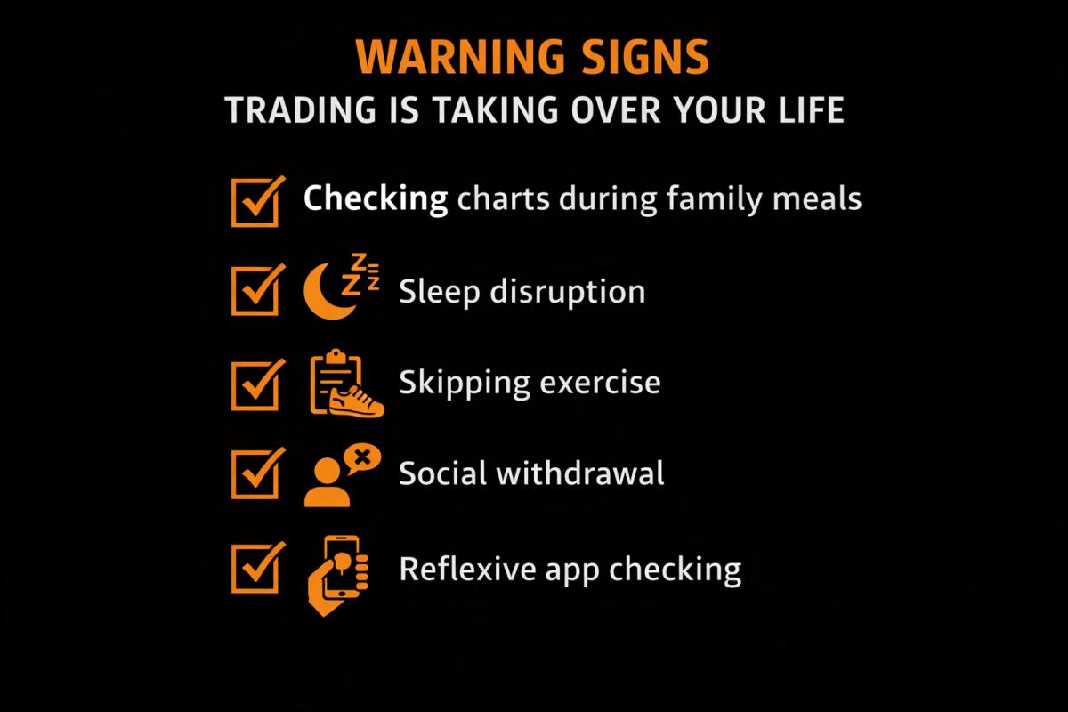 Infographic checklist of warning signs that trading is taking over your life including sleep disruption and skipping exercise