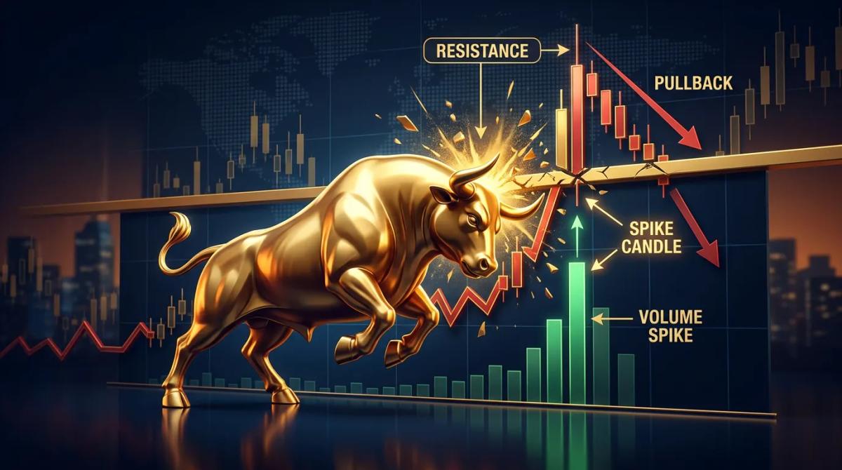Volume spike pattern at resistance level followed by pullback, showing profit-taking signal