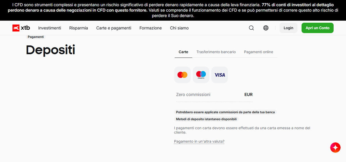 Metodi di deposito e prelievo XTB per clienti italiani con tempi e costi indicati