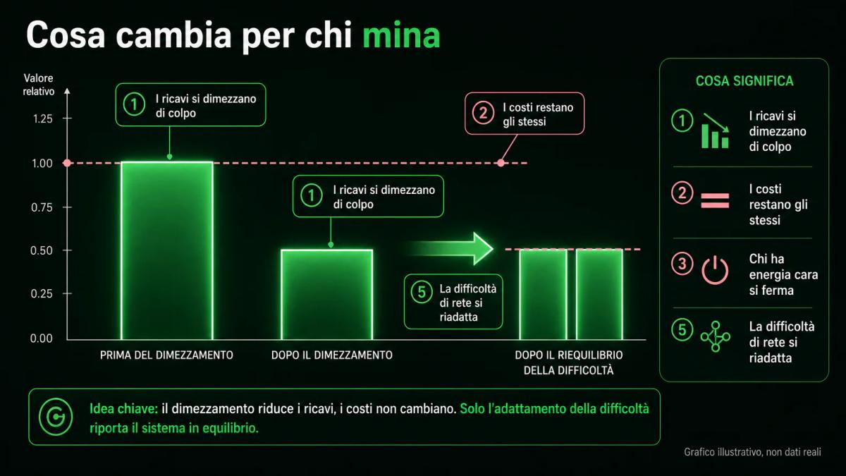 L'effetto dell'halving sul mining: ricavi dimezzati a costi invariati, uscita dei meno efficienti e riequilibrio della difficoltà
