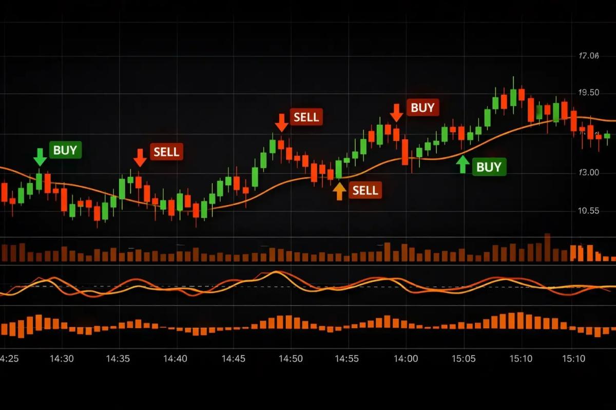 Scalping trading screen showing multiple quick trades on a 1-minute chart with entry and exit points marked