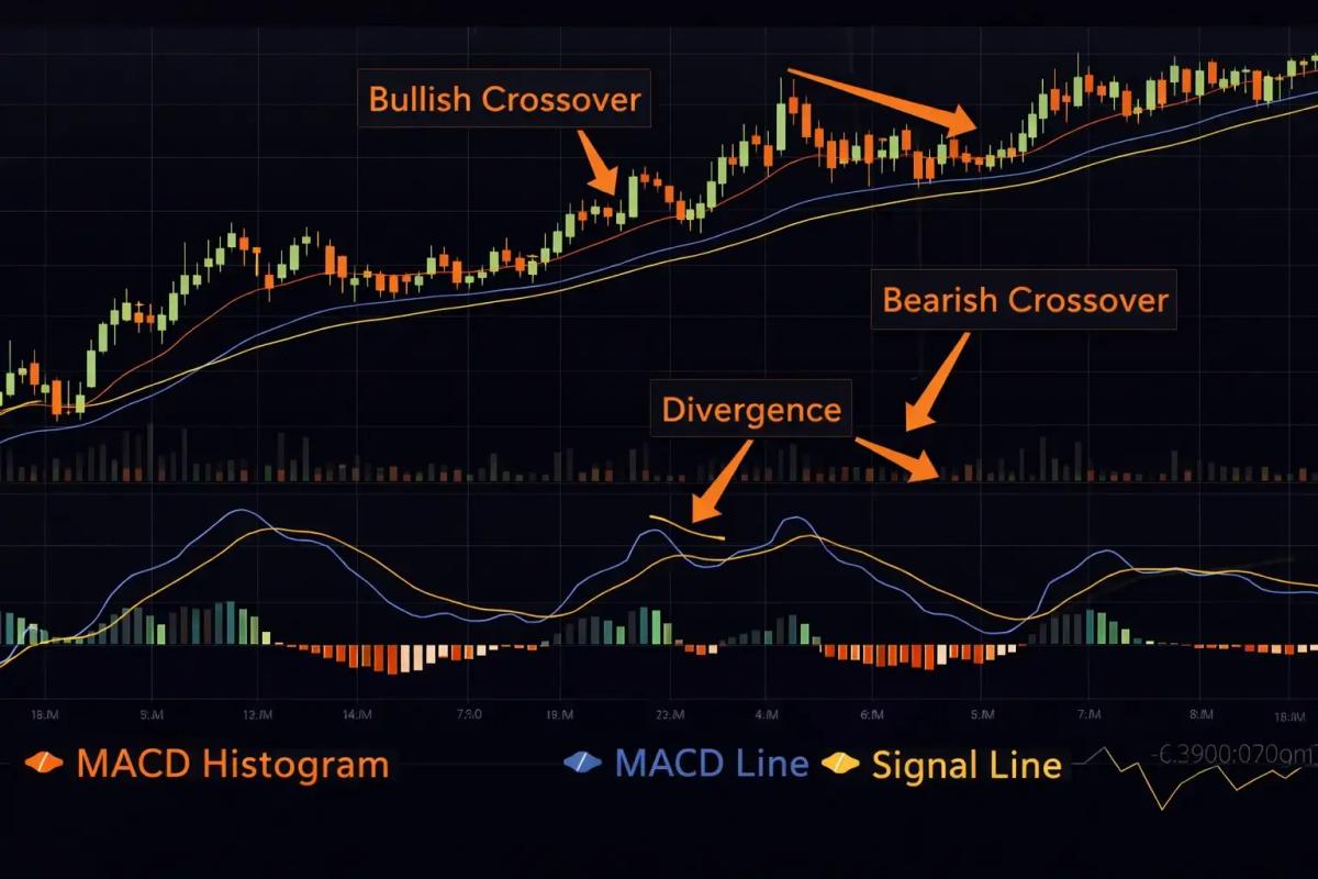 Intraday chart with MACD indicator showing bullish crossover bearish crossover and divergence signals