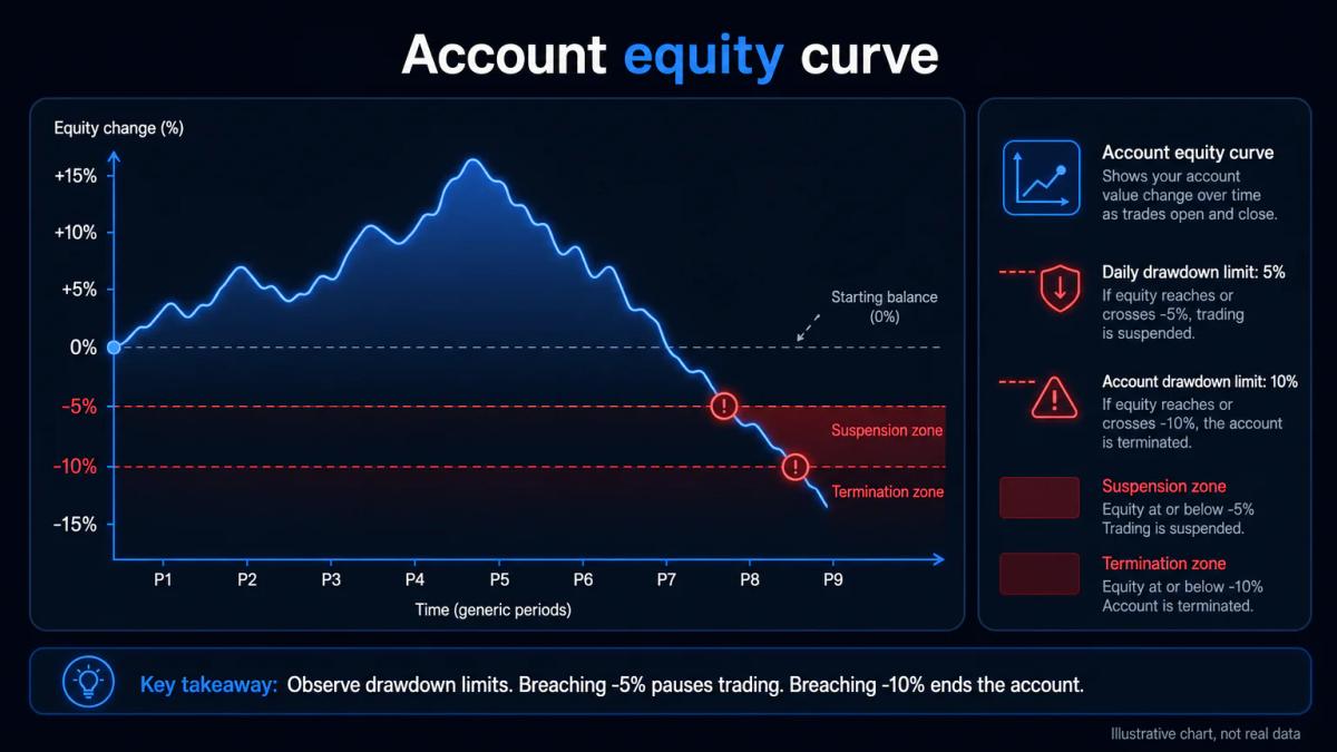 Account balance line chart showing daily 5% drawdown limit and account-level 10% drawdown cap with suspension zones marked