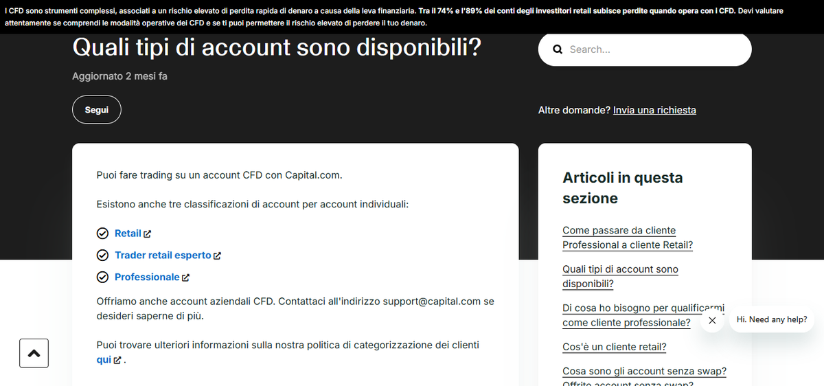 Sezione tipi di conto di Capital.com con il deposito minimo