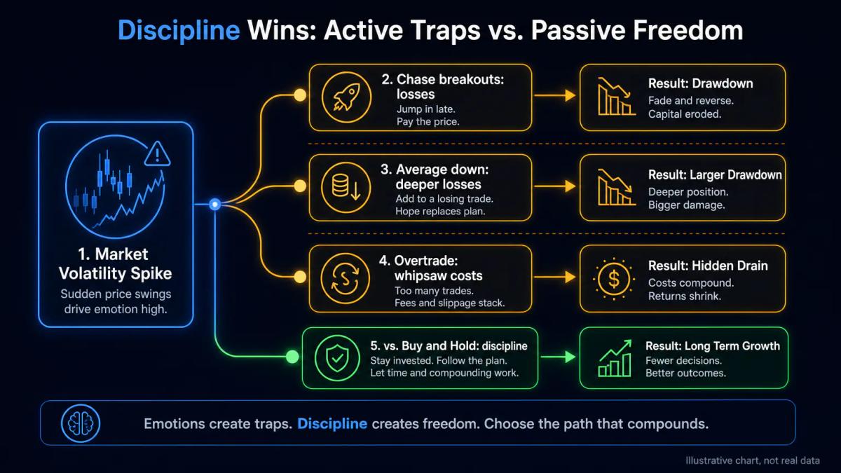 Decision tree showing active trader impulses: chase breakouts, average down, overtrade on volatility spikes, each branching t