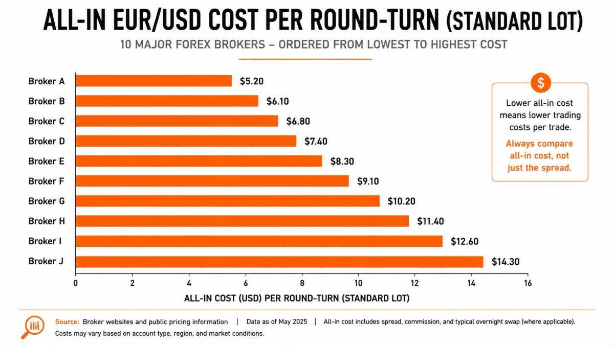 Bar chart visualising all-in EUR/USD cost per lot across all 10 brokers