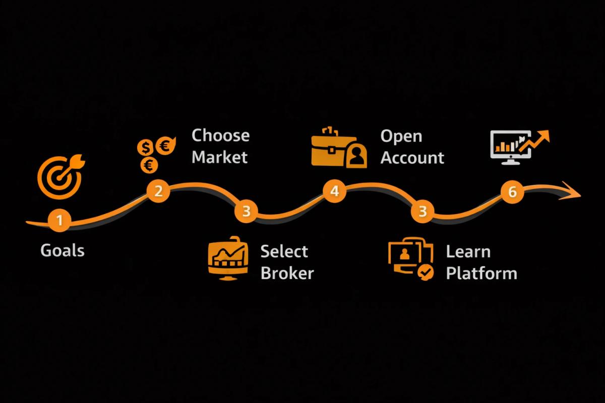 Six-step roadmap infographic for beginner traders covering goals market selection broker choice account setup platform learning and first trade