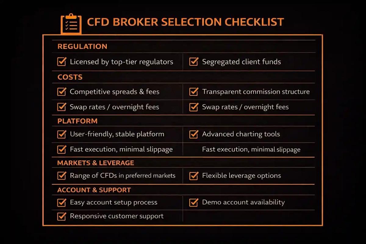 CFD broker selection checklist covering regulation costs platform markets leverage and account support criteria