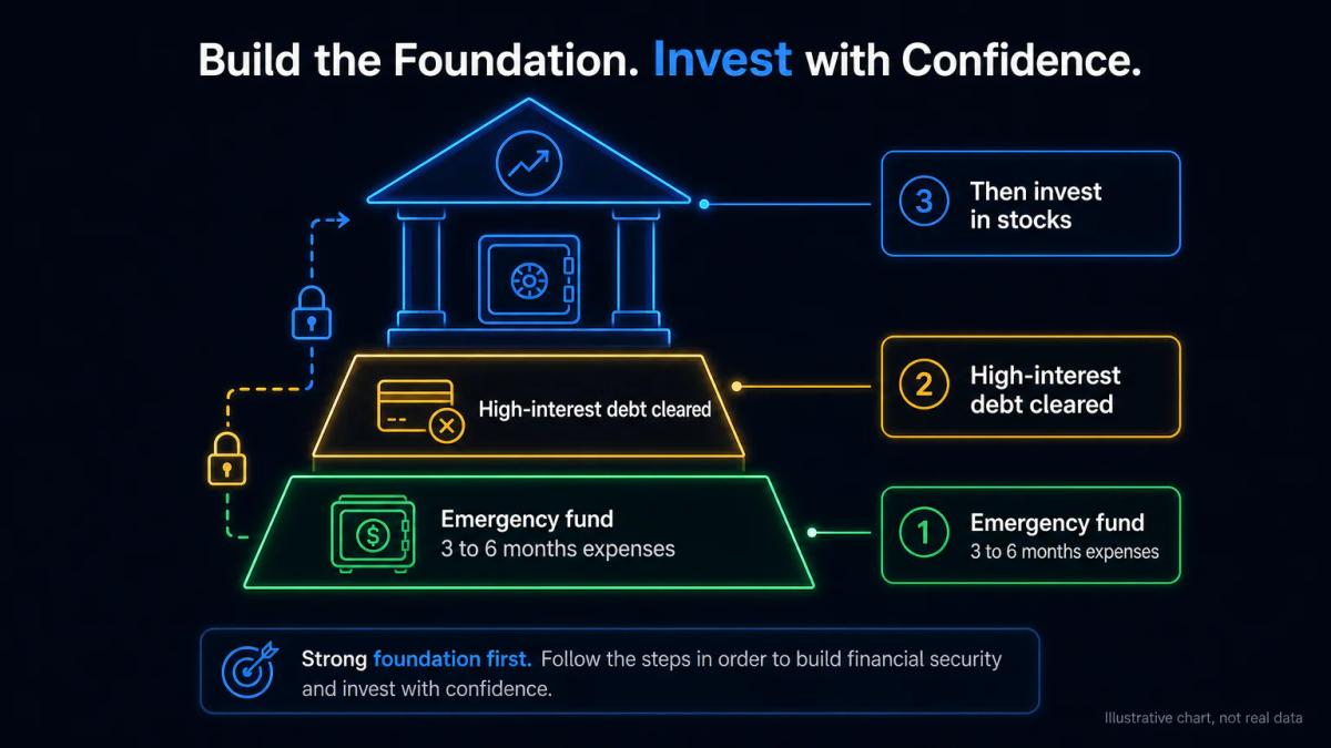 Two-stage financial foundation: emergency fund and debt payoff shown as building blocks before investing