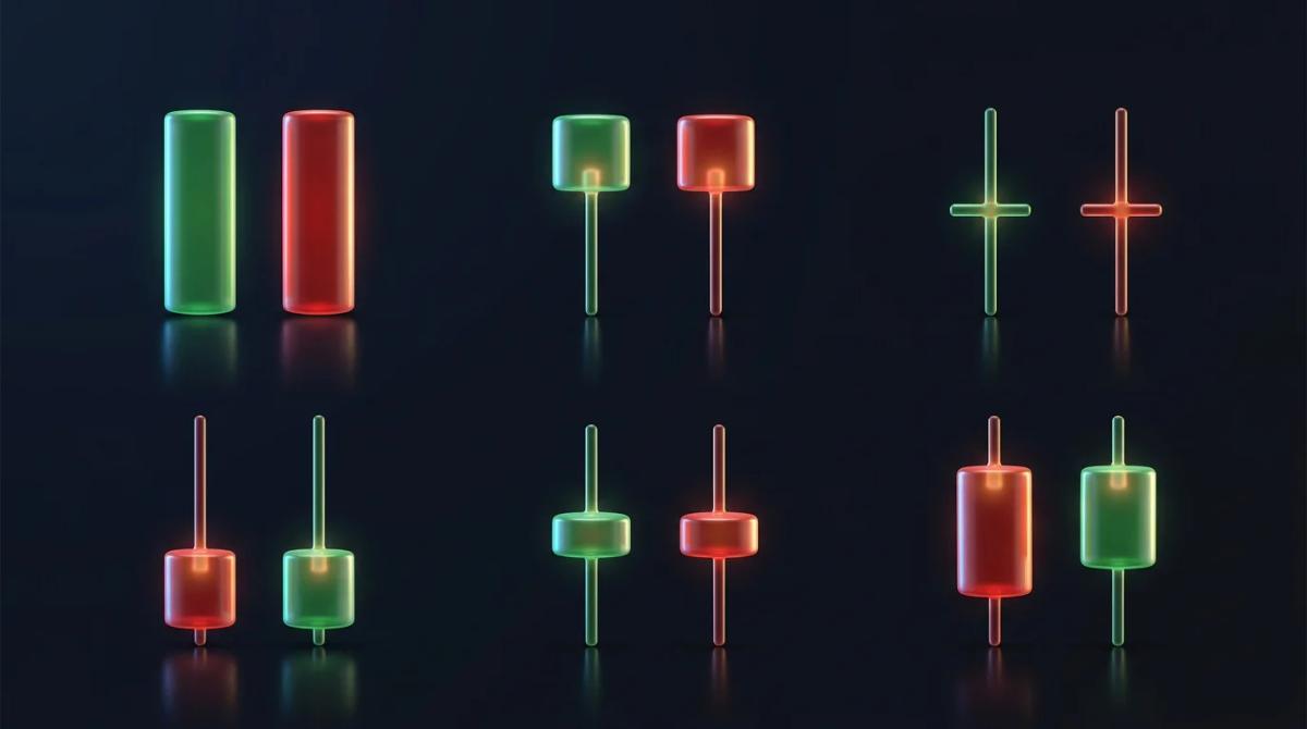 Six candlestick patterns arranged in a grid: Marubozu, Hammer, Doji, Shooting Star, Spinning Top, Hanging Man