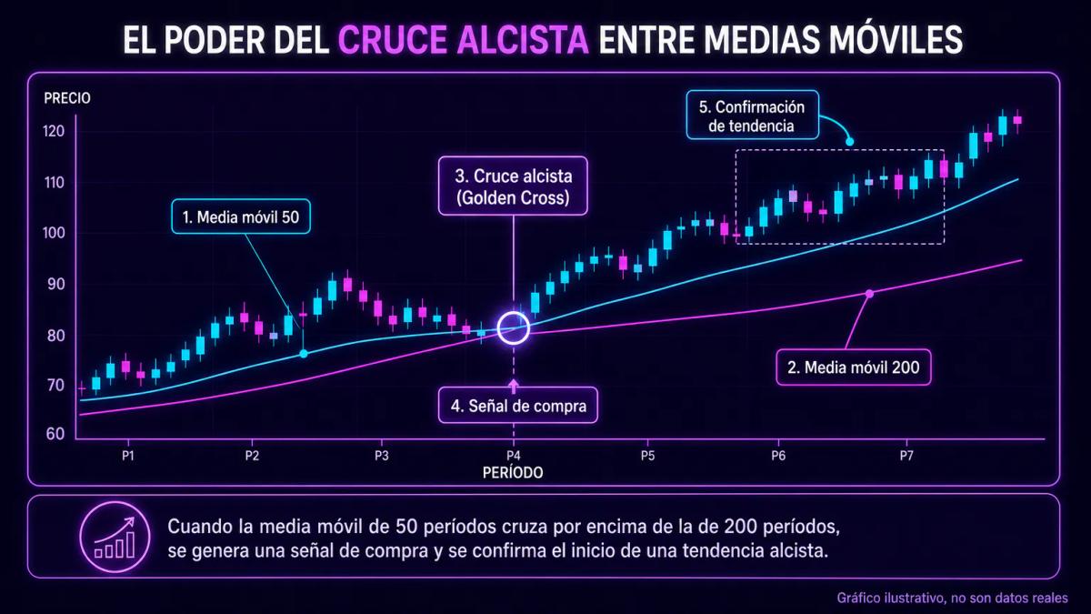 Gráfico con cruce de media móvil rápida sobre lenta, marcando señal alcista y objetivo de entrada