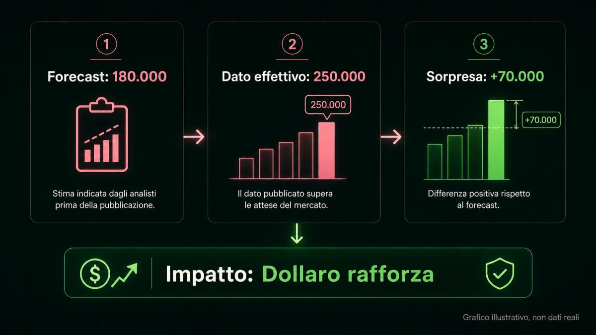 Infografica che confronta dato atteso, dato effettivo e sorpresa di mercato con frecce direzionali