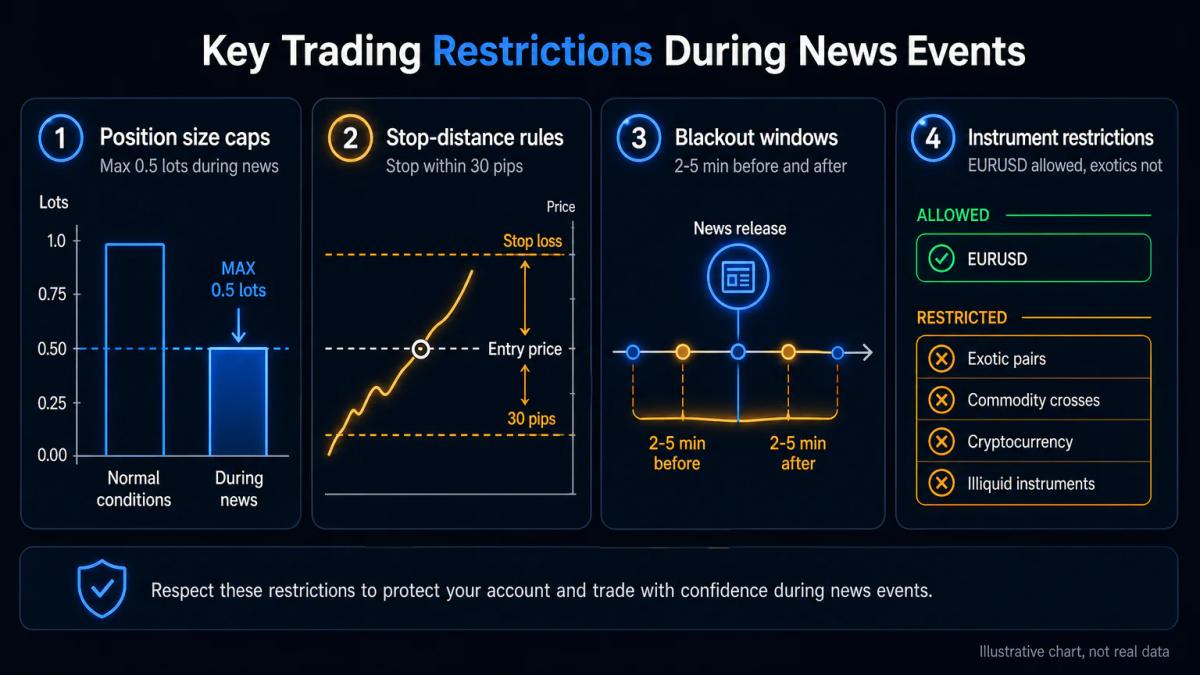 Four prop firm news trading restrictions: position size, stop distance, blackout window, instrument limits