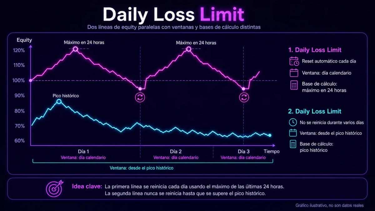 Gráfico editorial comparativo: daily loss limit como caída en un día versus max drawdown como caída acumulada desde pico hist