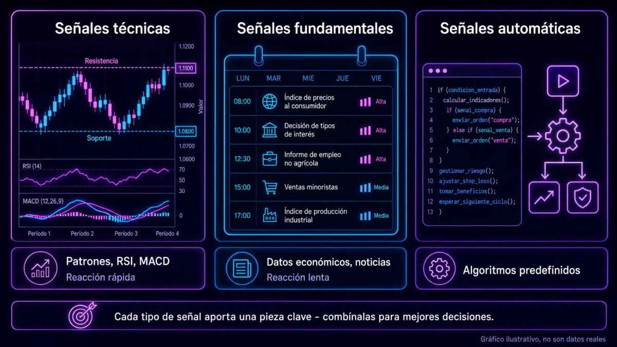 Gráfico editorial con tres columnas que representan señales técnicas, fundamentales y automáticas con sus características