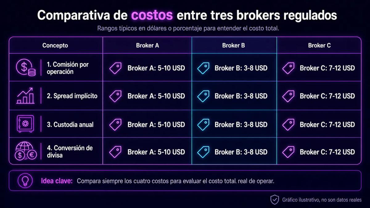 Tabla comparativa de tres brokers mostrando comisión por operación, spread, custodia anual y conversión de divisa