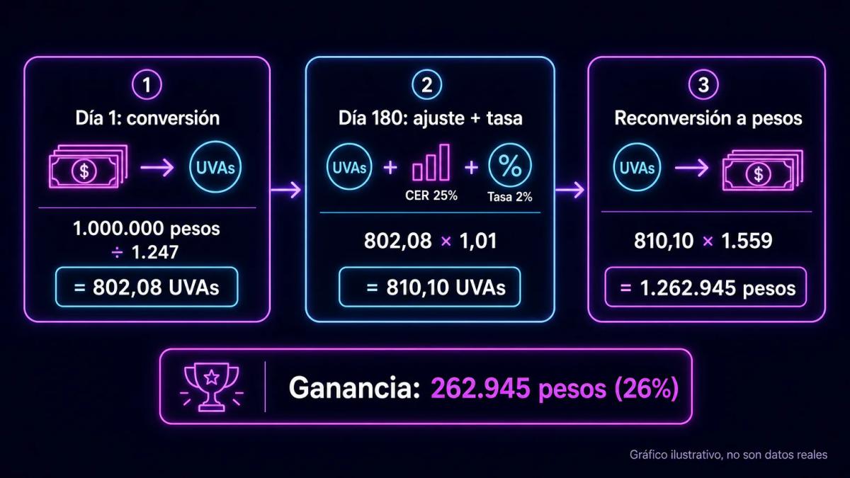 Diagrama de flujo de conversión de pesos a UVAs, ajuste por tasa y reconversión a pesos con números de ejemplo