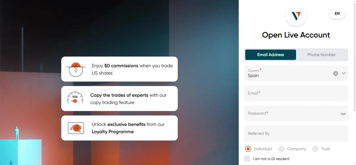 The Vantage Open Live Account form with country, email, password and a choice of Individual, Company or Trust