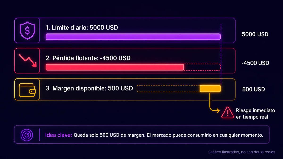 Cuenta con límite diario de 5000 USD, posición abierta con flotante negativo de 4500 USD, margen restante de 500 USD