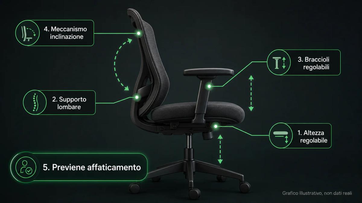Diagramma di una sedia ergonomica con annotazioni sugli elementi critici: altezza regolabile, supporto lombare, braccioli e m