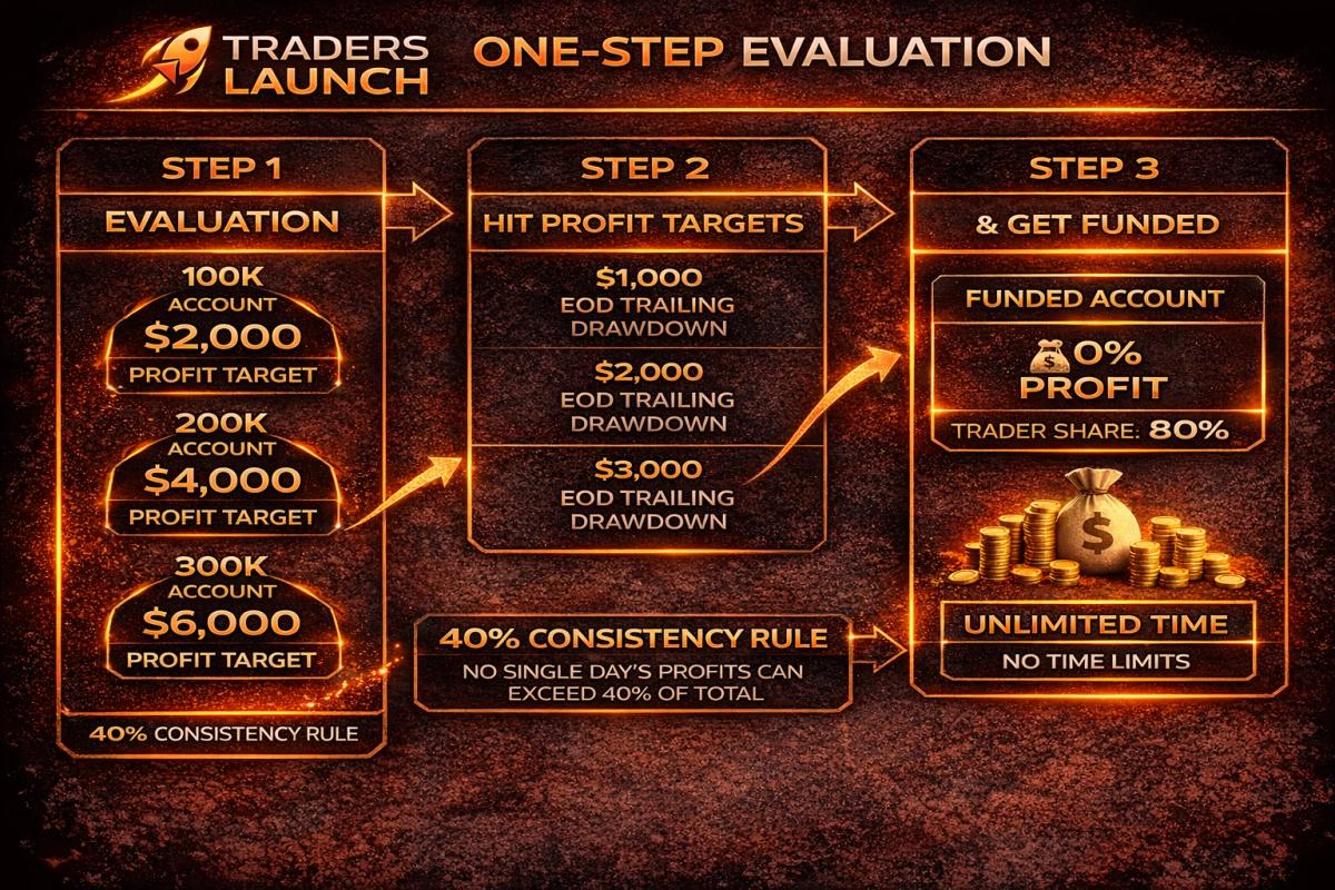 Traders Launch one-step evaluation infographic showing profit targets, drawdown limits, and funded account progression