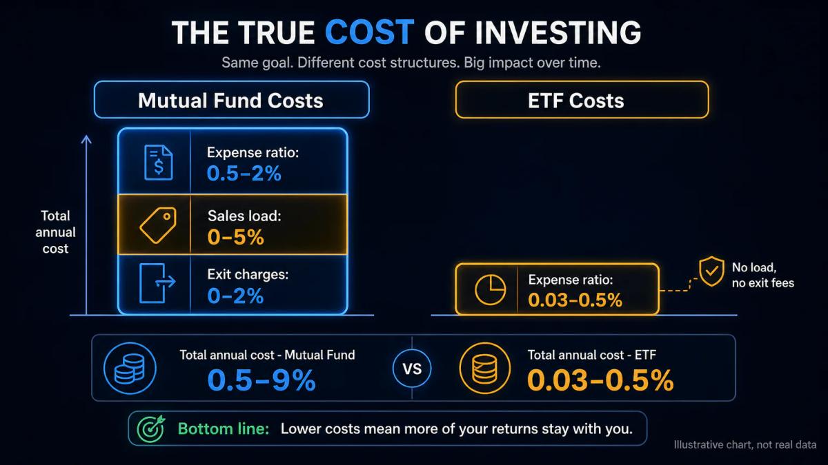 Cost breakdown comparison of mutual fund and ETF annual fees stacked side by side