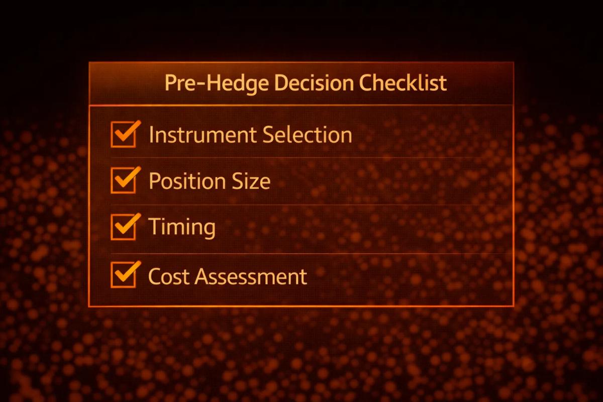 Checklist infographic showing four key factors to evaluate before implementing a hedge