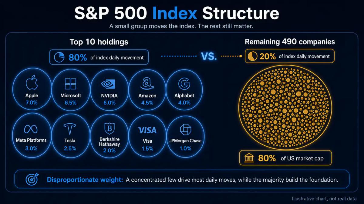 Market-cap weighting diagram showing 10 large circles and 490 small circles with percentage labels