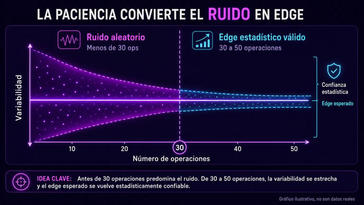 Curva de confianza estadística mostrando cómo la variabilidad de resultados disminuye de 10 a 50 operaciones, con zona de rui