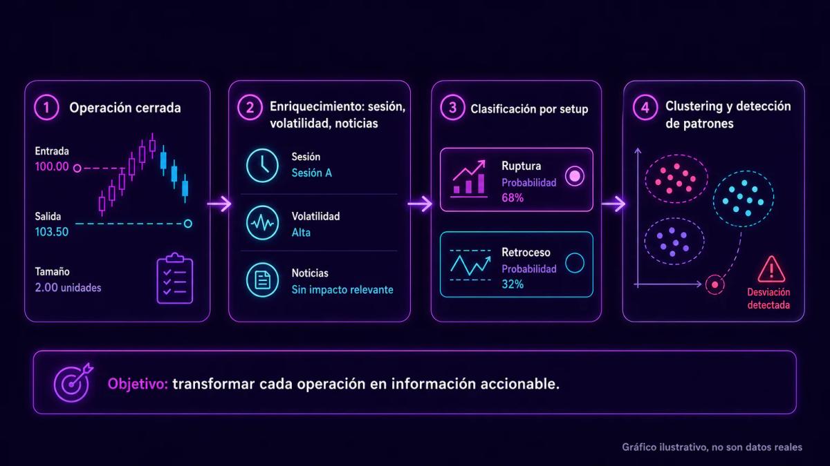 Infografía que muestra flujo de datos: operación cerrada, enriquecimiento con contexto, clasificación por setup y clustering