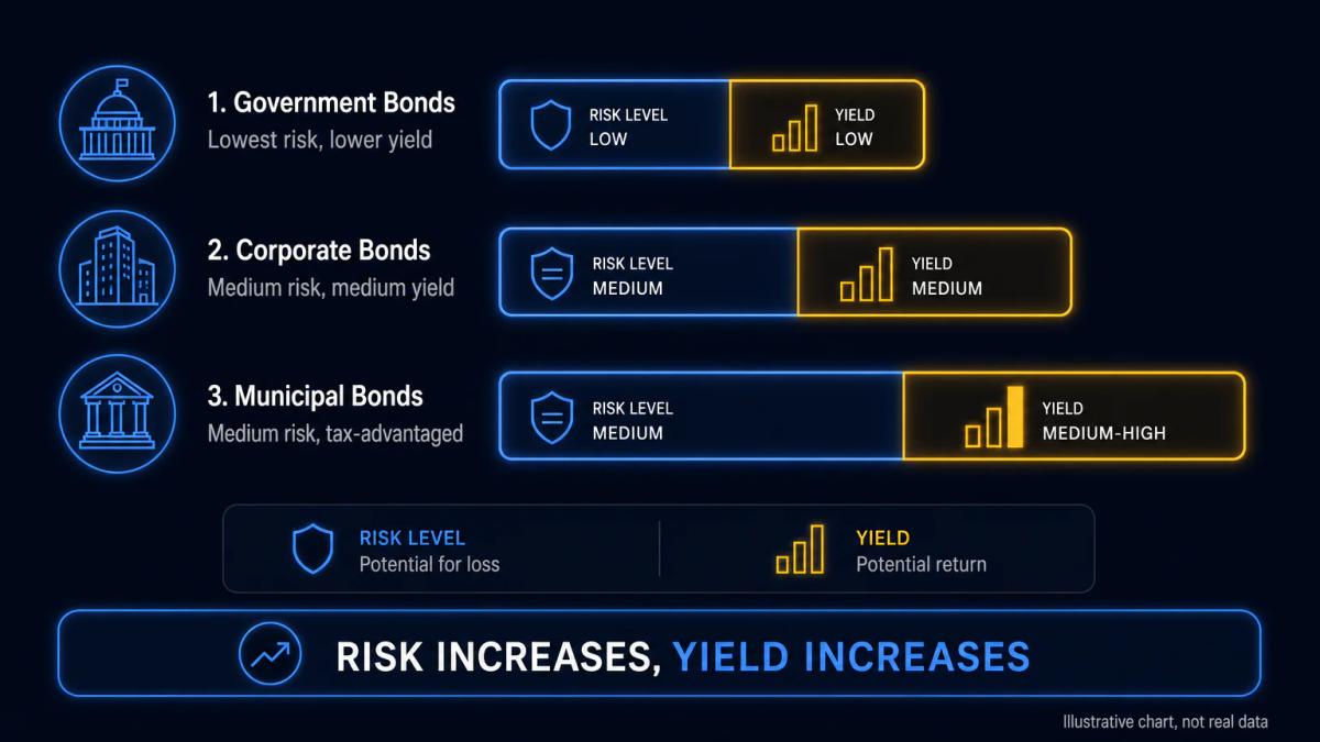 Three bond types displayed as stacked bars: government, corporate, and municipal, with risk and yield labels