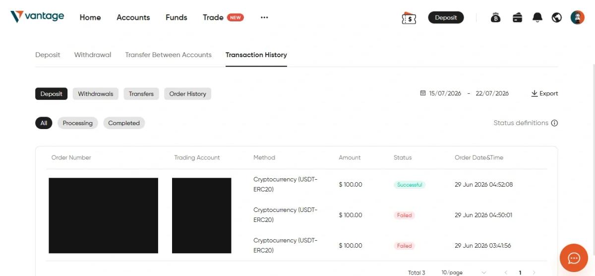 The Vantage client portal deposit history showing two failed 100 USD crypto deposits followed by a successful one