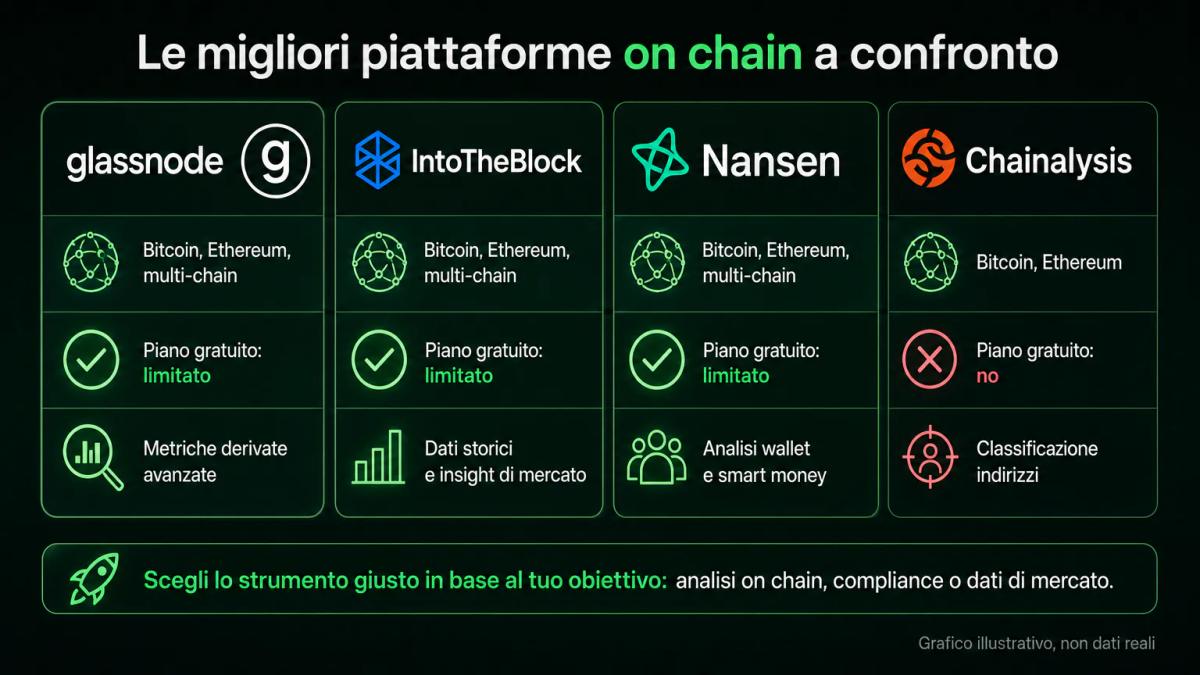 Tabella comparativa di piattaforme on chain con colonne per nome, copertura, piano gratuito e punto di forza