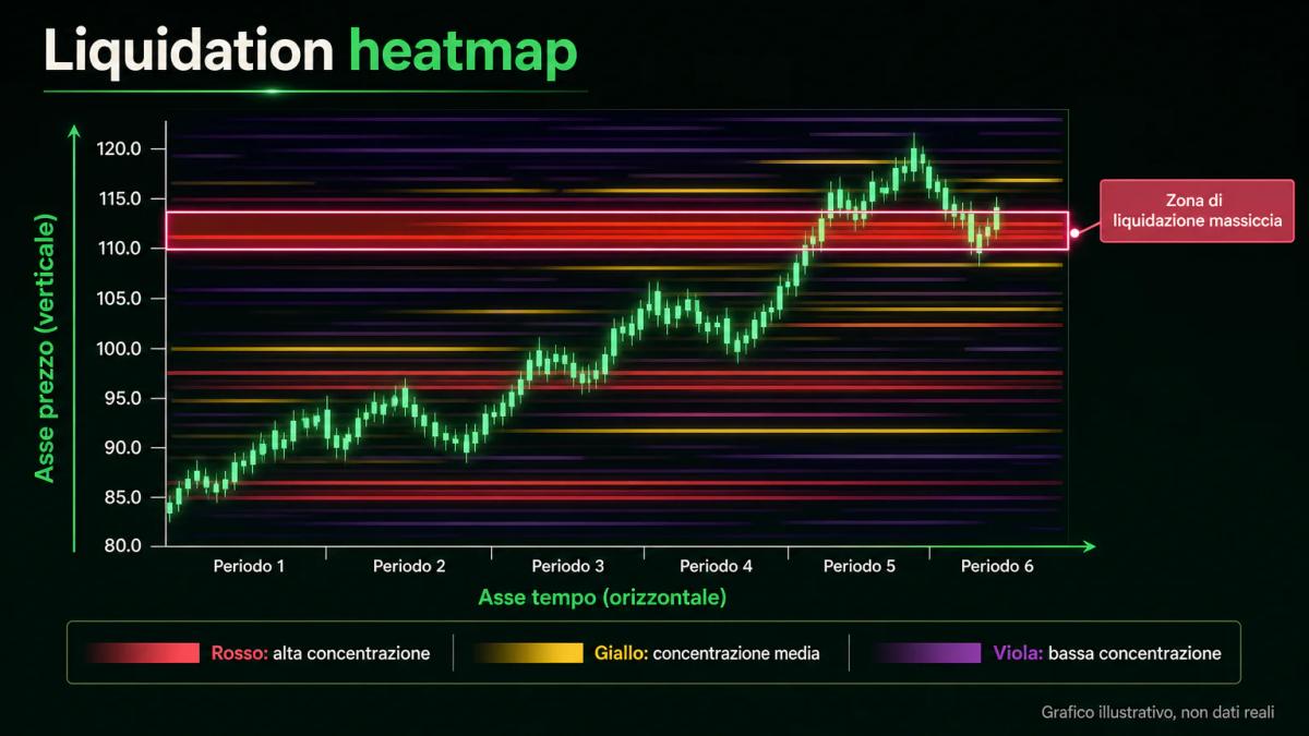 Infografica che mostra come una heatmap di liquidazione sovrappone bande colorate a un grafico di prezzo
