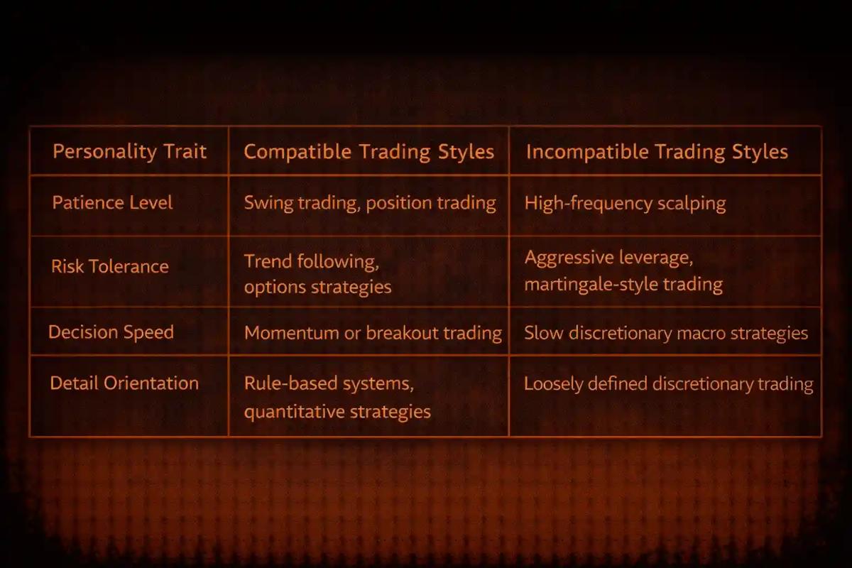 Table matching trader personality traits like patience and risk tolerance to compatible trading styles