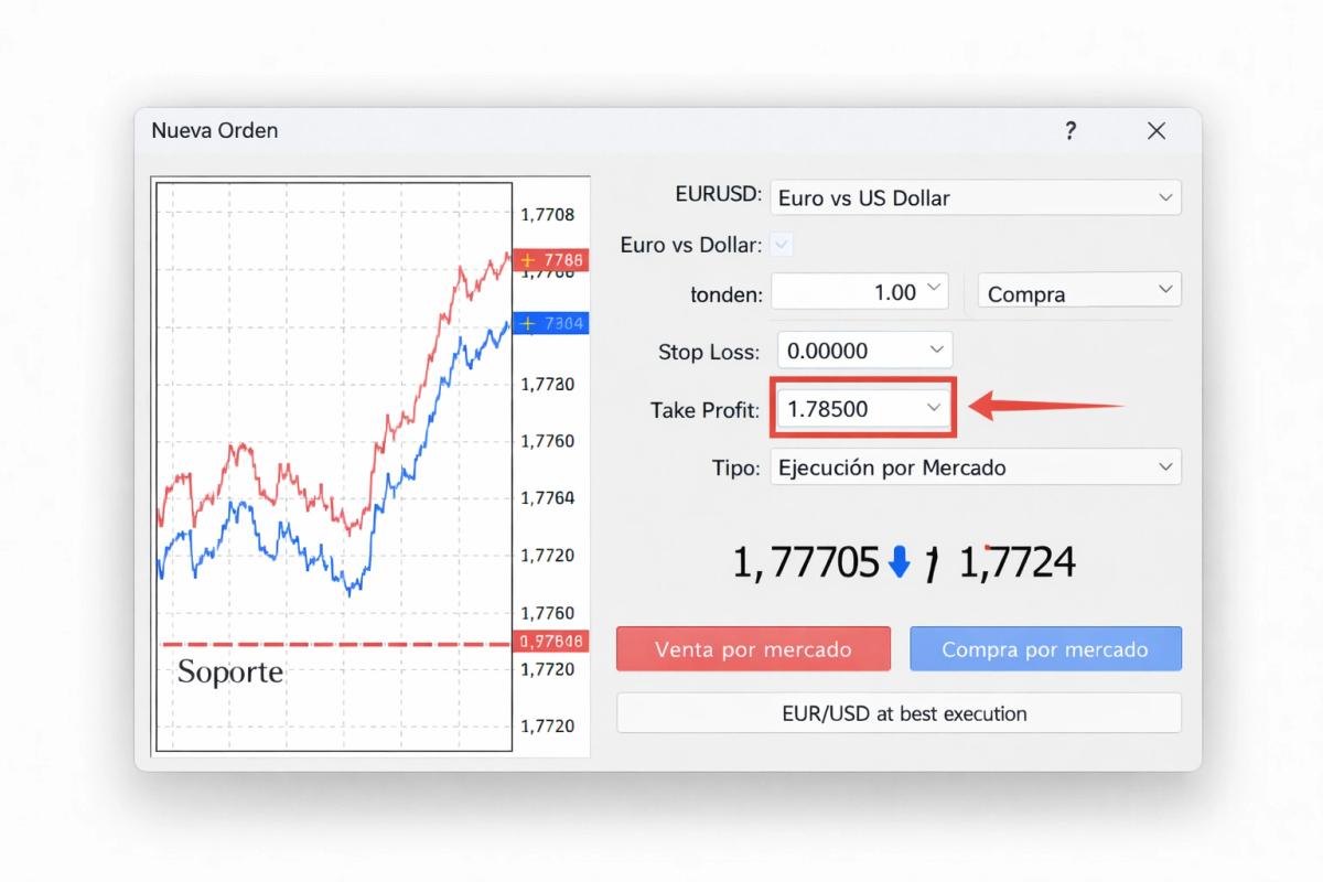 Ventana de nueva orden en MetaTrader 5 con el campo de take profit señalado
