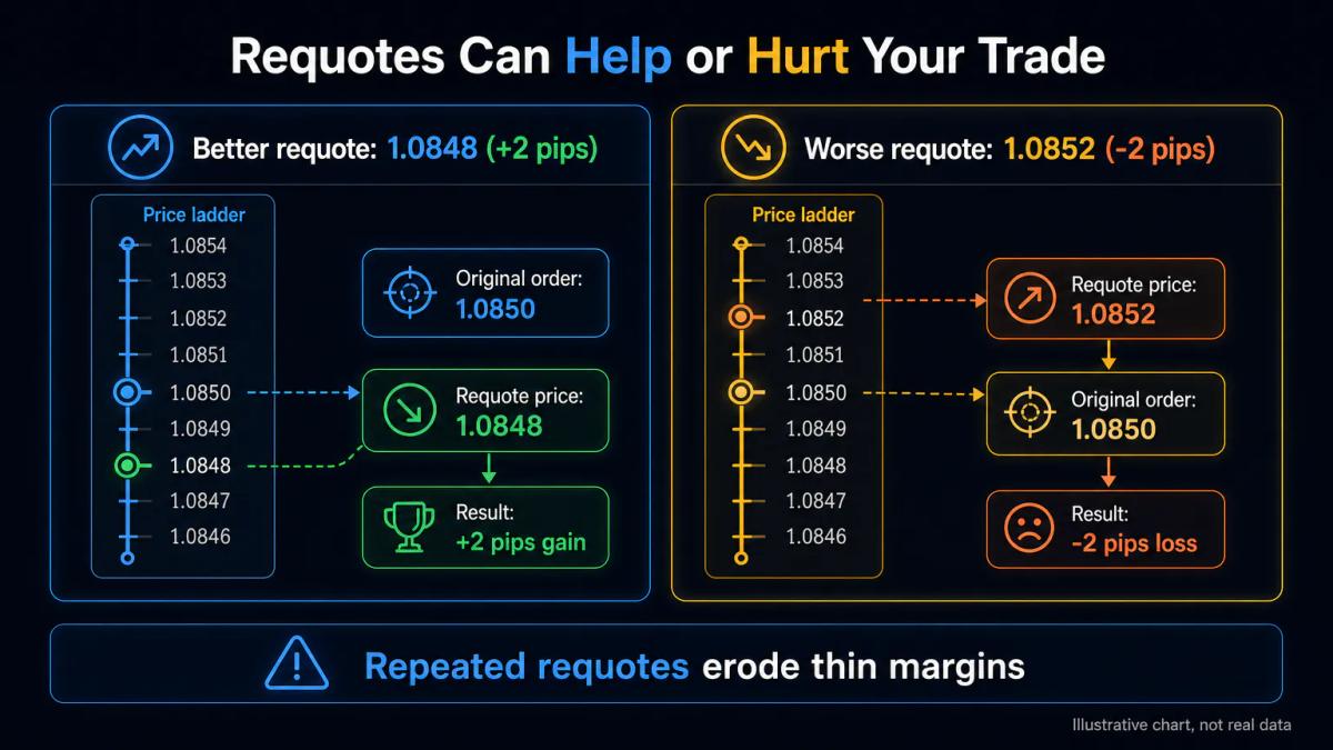 Two side-by-side price scenarios: one showing a better requote price and one showing a worse requote price