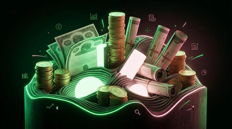 Portafoglio diversificato con monete, azioni e obbligazioni distribuite su una superficie equilibrata