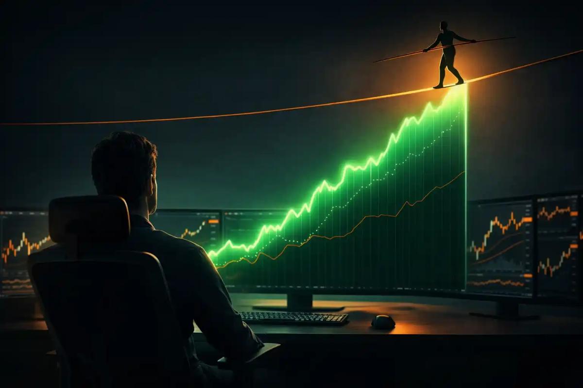 Trader viewing a rising equity curve with a tightrope metaphor illustrating the fragility of discipline during a winning streak