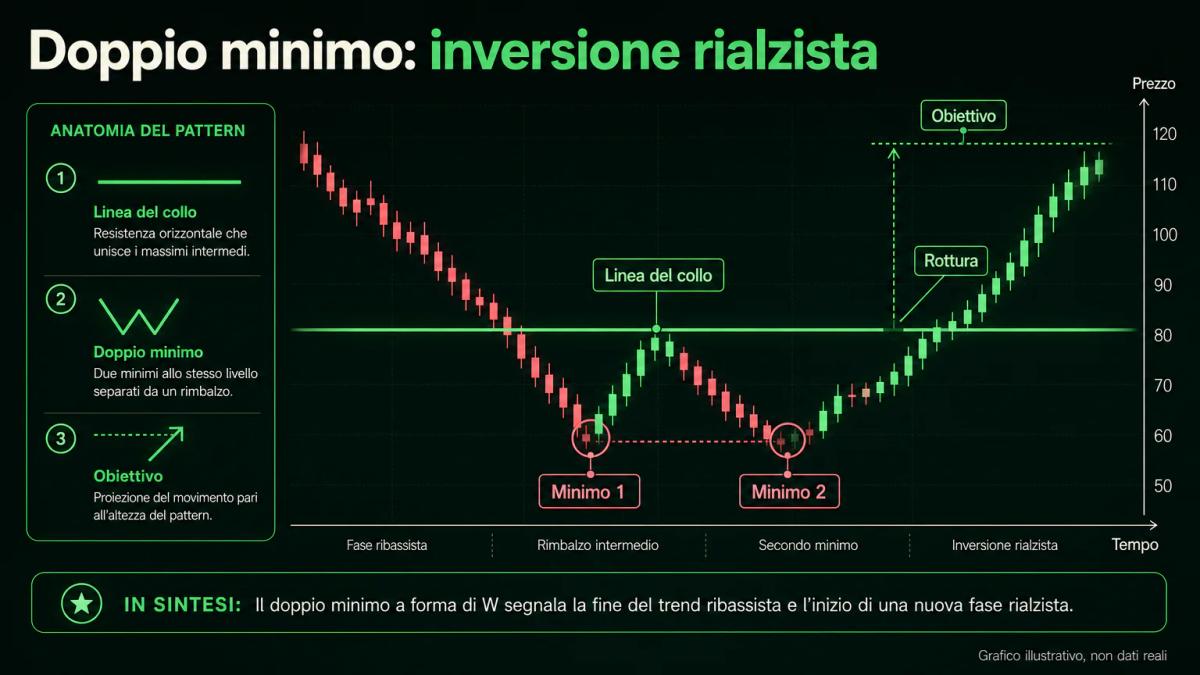 Grafico illustrativo del doppio minimo a W: due minimi allo stesso livello, la rottura della linea del collo e l'obiettivo proiettato
