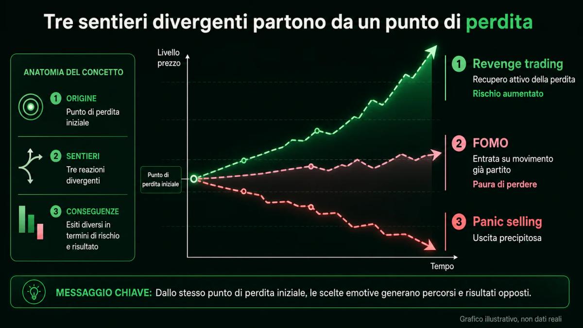 Confronto visivo tra revenge trading, FOMO e panic selling con tre percorsi decisionali distinti