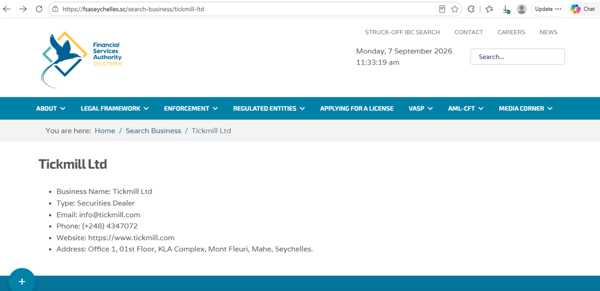 Registro de la FSA Seychelles con Tickmill Ltd (Securities Dealer) licencia SD008