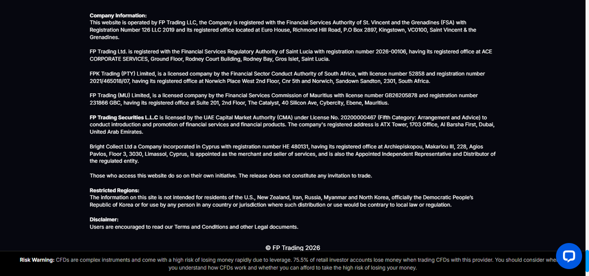 FP Trading homepage footer showing company name, SVG registration and risk warning