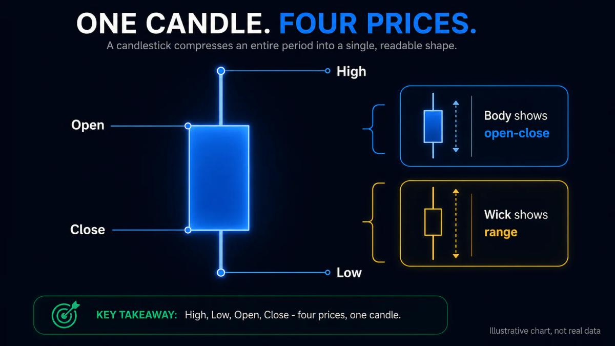 Candlestick anatomy showing open, high, low, close with body and wicks labeled