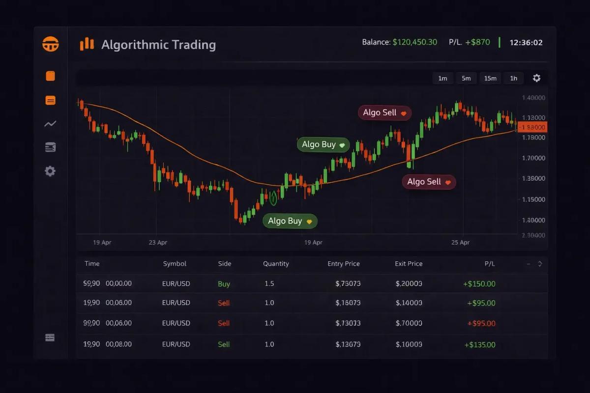 Algorithmic trading dashboard displaying automated trade entry and exit markers on a live price chart
