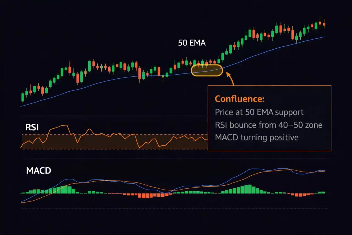 Daily chart with RSI moving average and MACD indicators showing confluence at a potential swing trade entry point