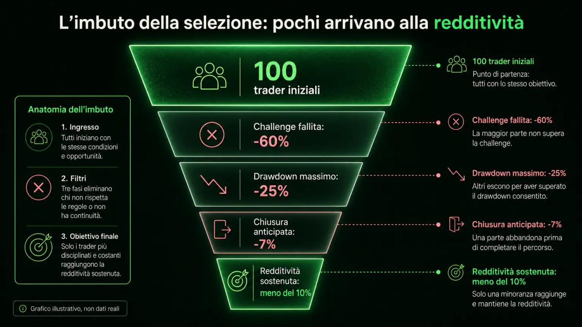 Imbuto di selezione che mostra il filtro delle challenge e l'eliminazione progressiva di trader nei primi tre mesi